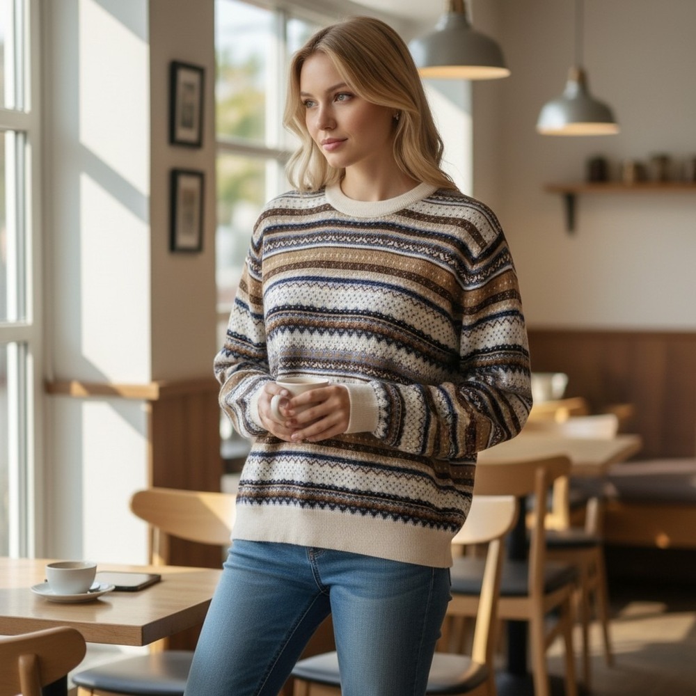 Club Room Sweater Womens Small Fair Isle Knit Merino Wool‎ Blend Brown Blue